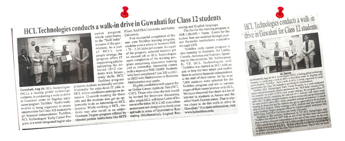 HCL Technologies conducts a walk-in drive in Guwahati for Class 12 students.